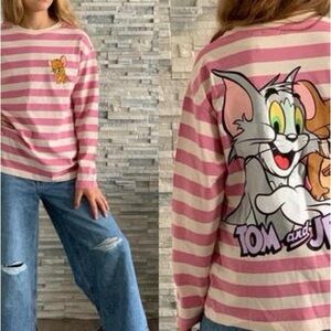 Zara tom and Jerry white pink striped long sleeve graphic top shirt 13 - 14